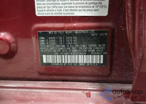 2011 Subaru Legacy 2.5I Premium из США, поврежденный, VIN 4S3BMCC62B3216836